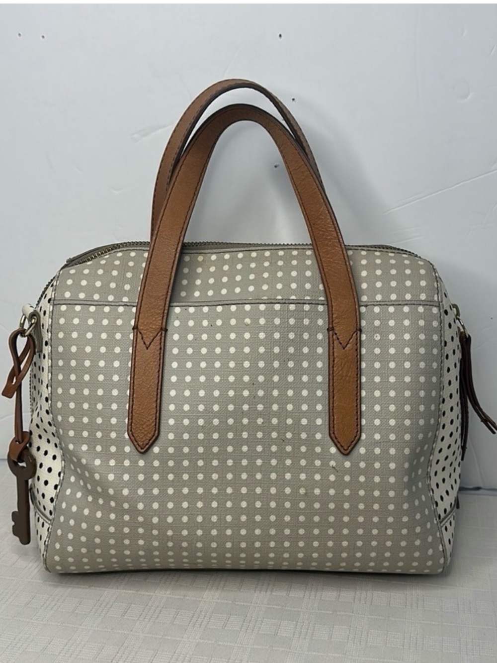 Fossil Beige Polka Dot Satchel with Brown Leather Trim - Picture 4 of 8